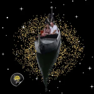 A couple on a magical night ride surrounded by graphic sparkles, outclassing standard Durban harbour boat cruises in value.