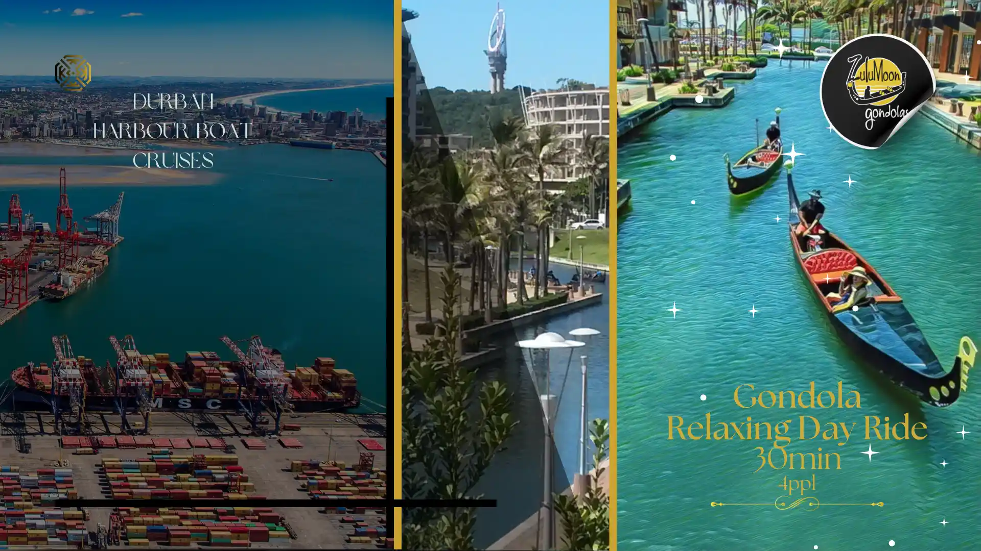 zulumoon-gondola-rides-vs-boat-cruises-durban-prices Three vertical panels comparing boat cruises Durban prices against the best value family boat rides in Durban featuring a daytime Zulumoon gondola ride on the Point Waterfront canal.