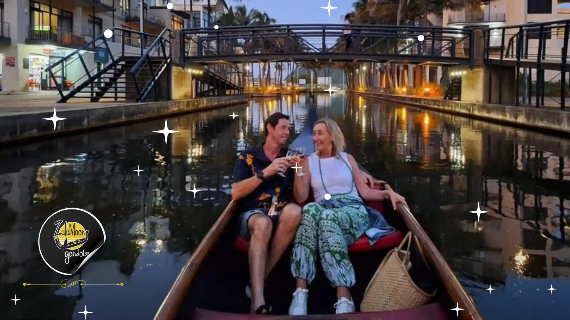 romantic-boat-rides-in-durban-zulumoon-gondolas A couple enjoys private gondola boat rides along the waterfront canal, making it one of the most romantic boat rides in Durban.